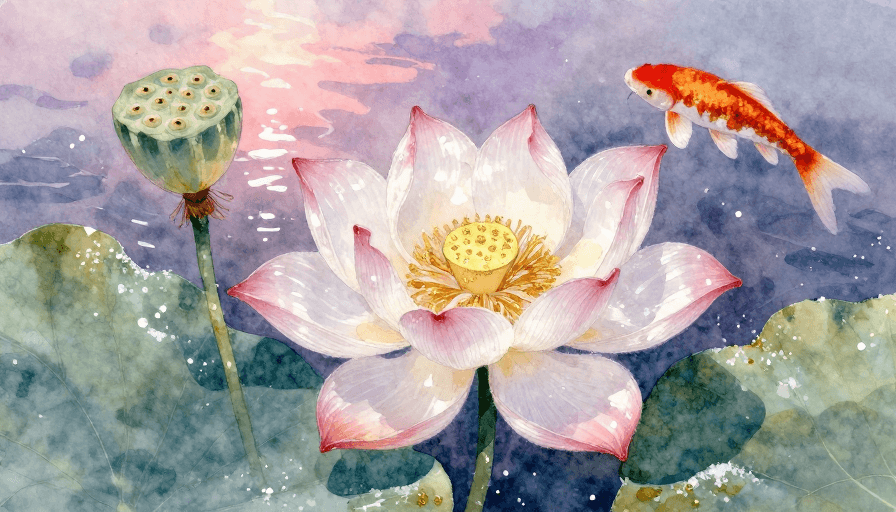 水彩艺术素材：夏日水彩荷韵：透明花瓣与晚霞锦鲤的艺术画卷