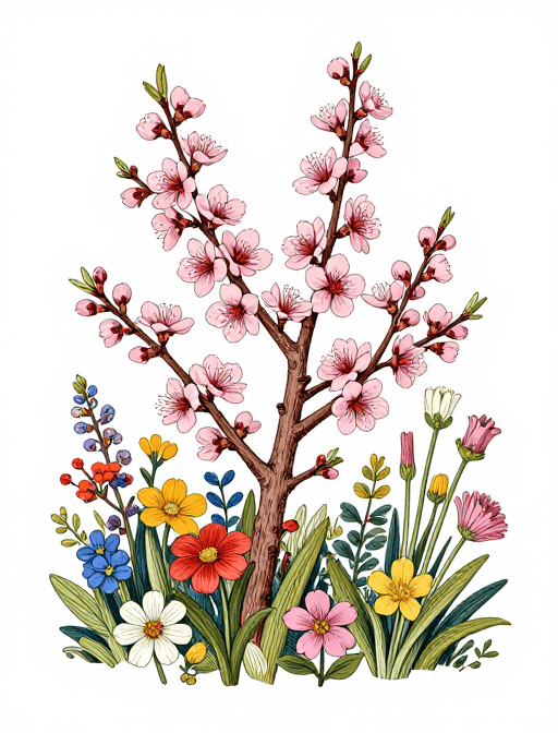 治愈系设计素材：红图风桃花手绘蚀刻画，治愈系8K艺术壁纸