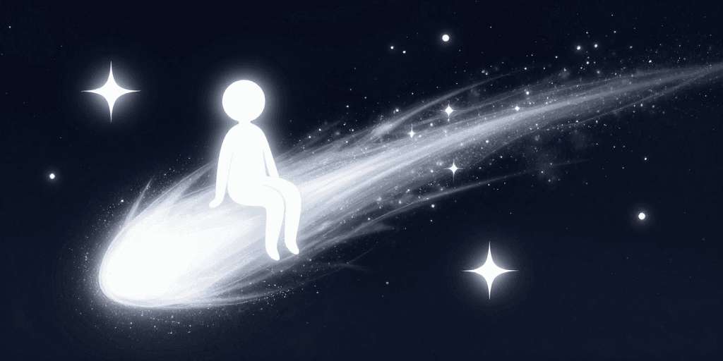意识流插画素材：珠光彗星下的意识流：发光小人奇幻旅程
