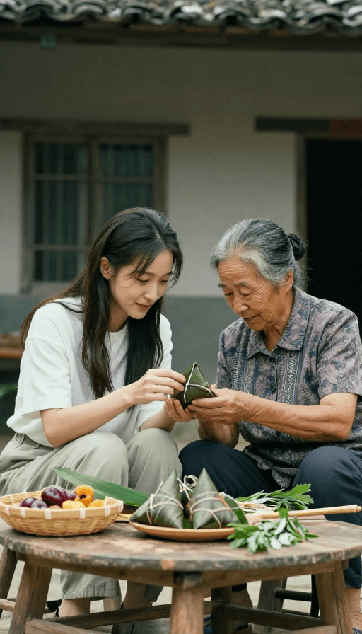 温馨瞬间素材：端午温情：乡村母女包粽子电影感瞬间