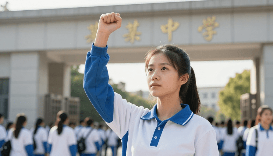 励志教育素材：青春力量：白蓝校服女学生坚毅仰望