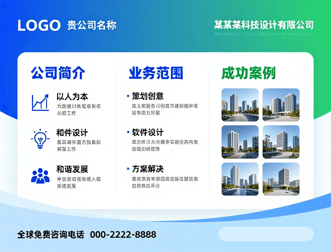 信息可视化排版素材：蓝绿渐变科技风企业宣传页面设计