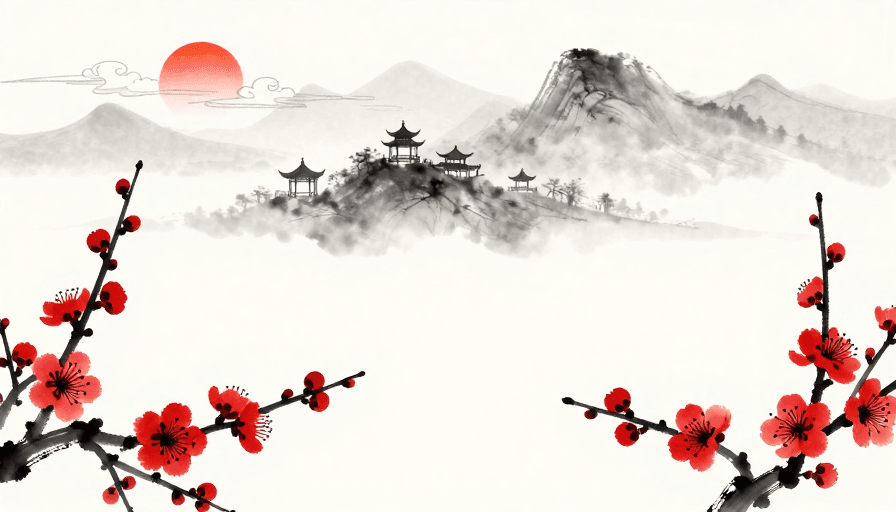空灵意境素材：水墨留白山水：朱红梅花点缀的东方意境