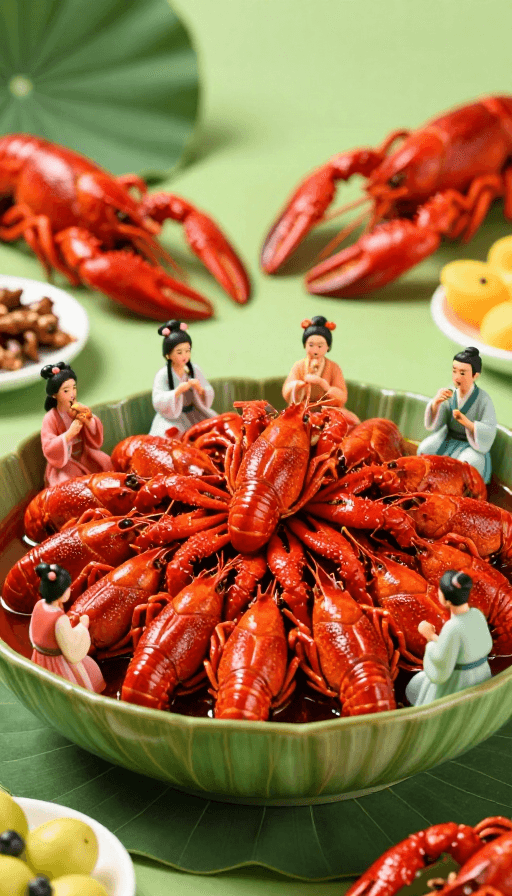 美食摄影素材：微缩美食盛宴：汉服小人与巨型荷叶虾宴