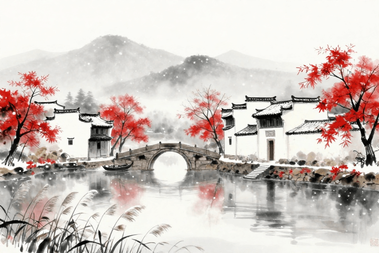 雪景插画素材：水墨江南雪景·朱槿映桥