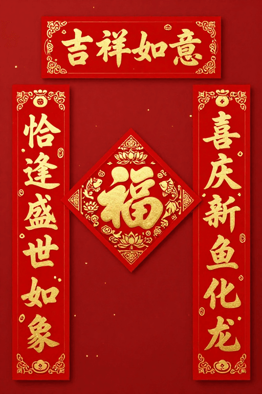 节日设计素材：喜庆中国风春节对联设计，吉祥富贵