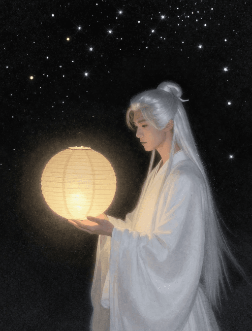 抽象插画素材：雪夜纸灯少年：岩彩点彩梦幻光影