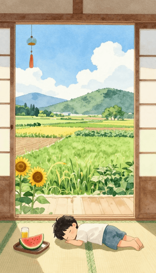 艺术创作素材：柔美水彩夏日田园：日式窗景中的宁静午后