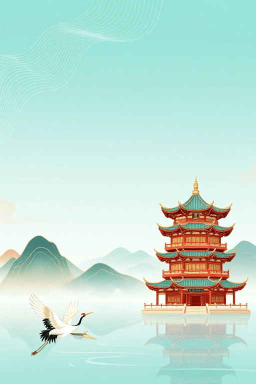 山水画素材：青蓝山水·东方古韵：典雅中式宝塔与自然景观的和谐意境