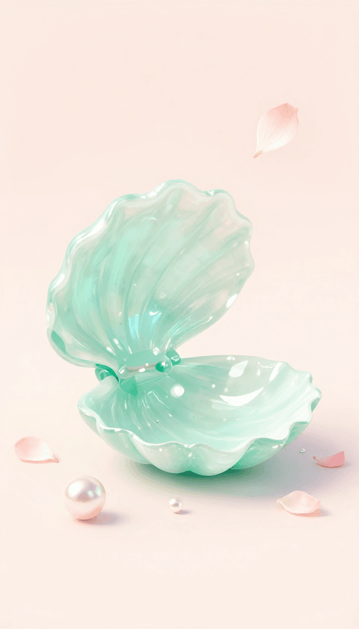 水彩质感素材：薄荷绿水晶贝壳的浪漫梦幻时刻