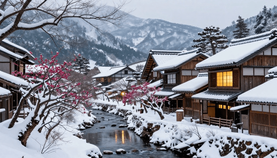 传统建筑素材：雪覆日式古村·冬日暖阳透窗