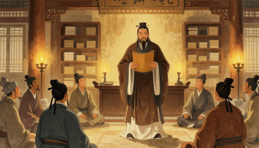 古风插画素材：古风孔子讲学图：深褐长袍竹简传承智慧