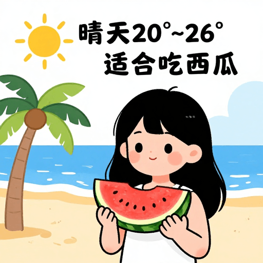 广告素材素材：夏日沙滩漫画：20-26℃清凉西瓜时光