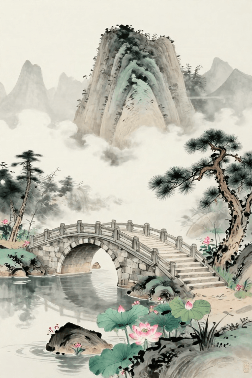 艺术壁纸素材：水墨丹青：灰白山峦与粉荷静景的传统意境