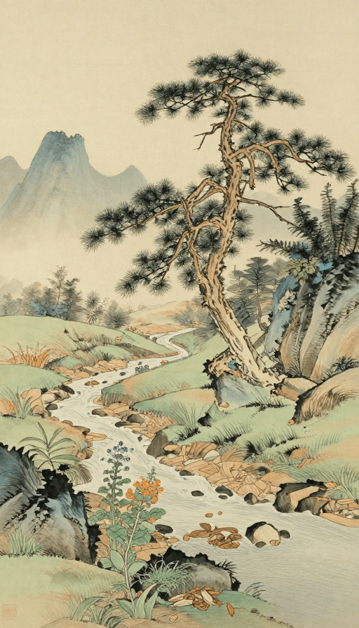 山林草药素材：国画《黄帝内经》养生图：秋收山草药与古松