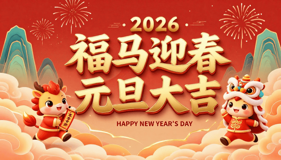 吉祥物插画素材：喜庆中国风2026马年元旦烫金书法贺岁海报