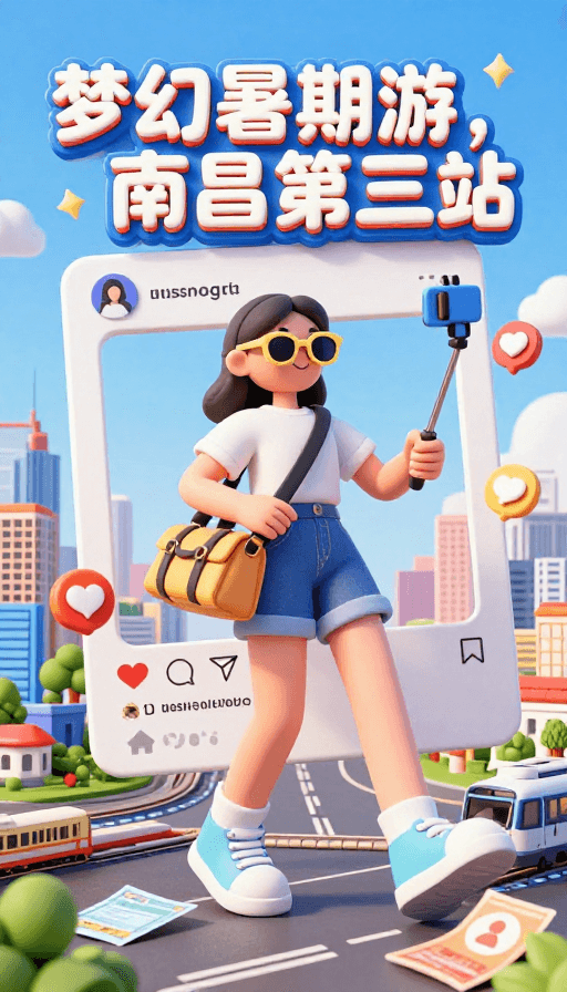 创意摄影素材：梦幻暑期游：女孩踏进社交相框的3D创意之旅