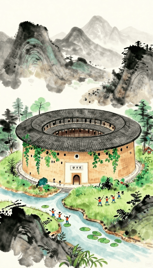 客家土楼素材：水墨童趣：客家土楼微景观中的小矮人舞会
