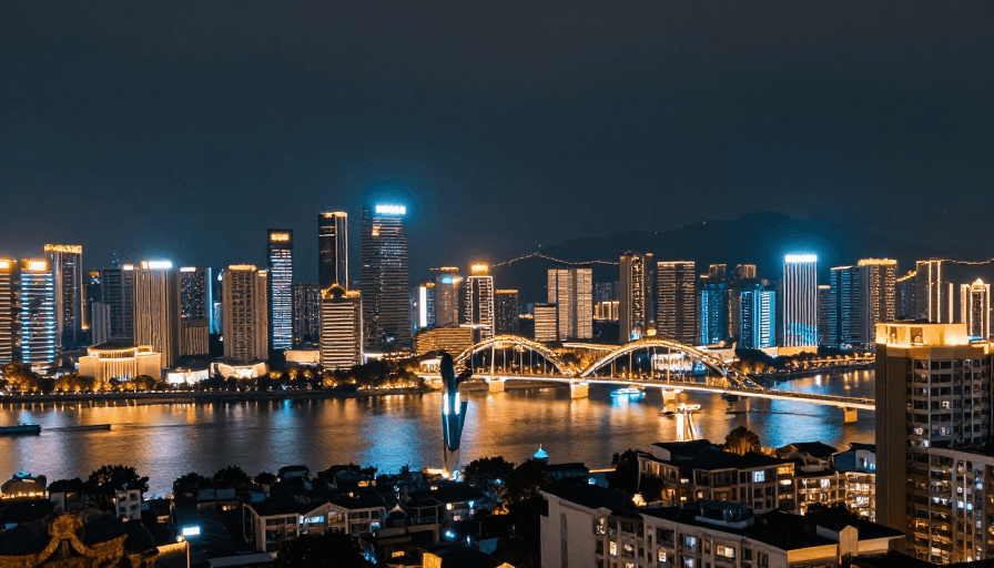 城市风光素材：福州夜景璀璨，城市灯火辉映闽江畔