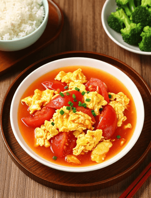 家庭餐桌素材：暖光呈现中式家常菜，金黄番茄炒蛋诱人美食