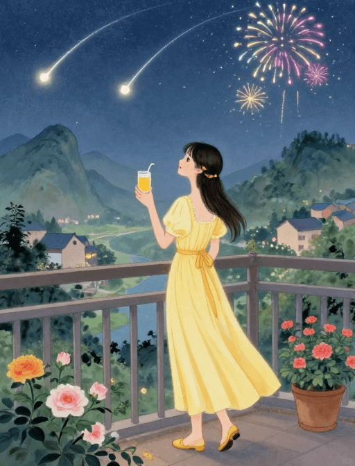 古典绘画素材：鹅黄裙少女观星烟火