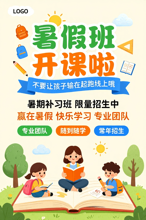 快乐学习素材：温馨手绘夏日暑期班招生海报