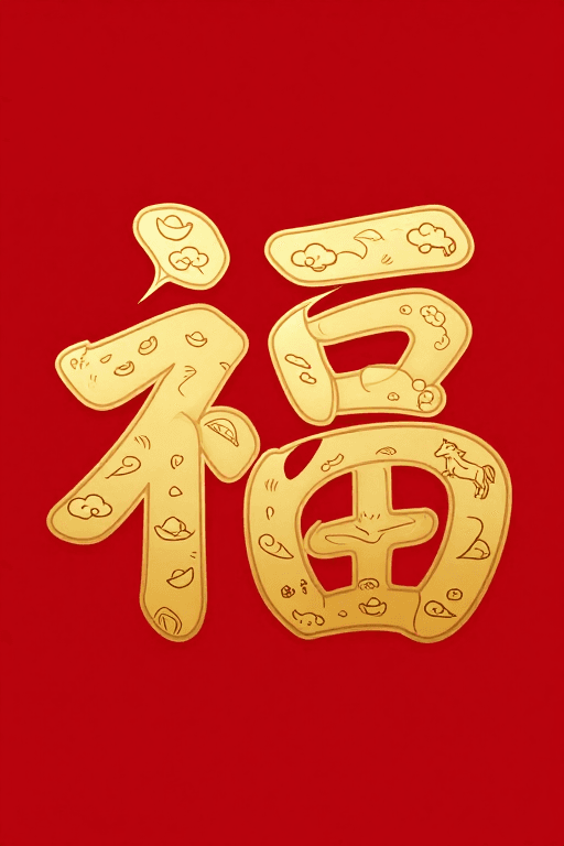 扁平化艺术素材：现代扁平化‘福’字艺术：金色祥云纹饰红色背景新春祝福