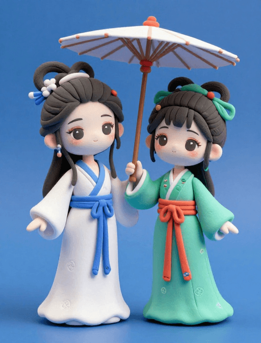 少女形象素材：古典神话少女黏土画：Q版大白与小青