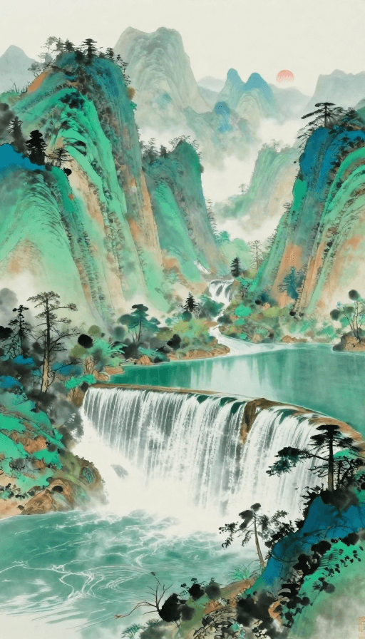 AI生成素材：敦煌色系国风水墨：贵州小七孔绝美山水画卷