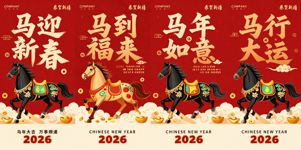 马年主题素材：马年书法新年海报系列，红金中国风设计