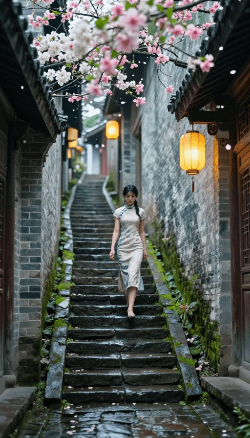 青石台阶素材：旗袍女子漫步奇幻古镇小巷的梦幻光影