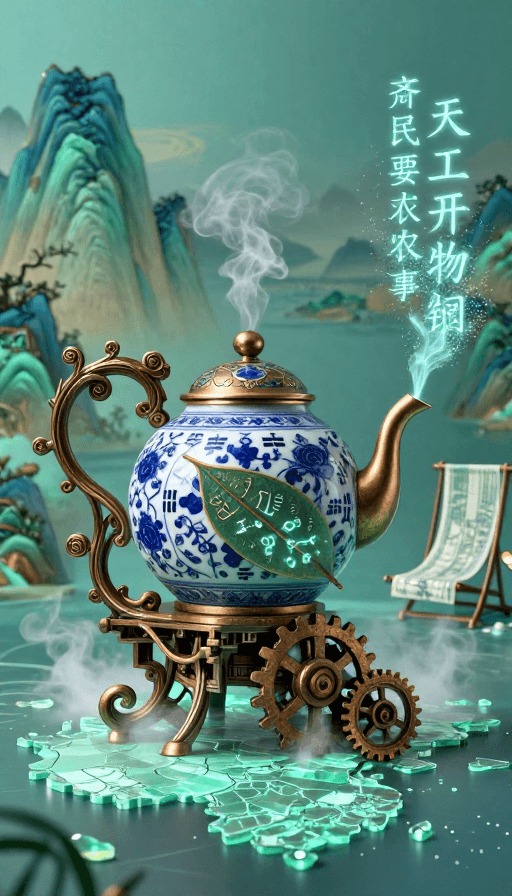 新中式美学素材：新中式机械美学：古籍纹样与全息科技的碰撞