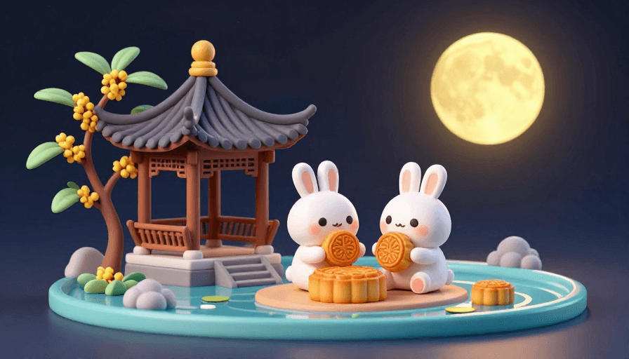 水上建筑素材：中秋温馨兔影：3D微缩中国馆赏月