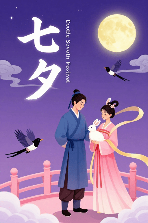 七夕节素材：梦幻七夕：古风浪漫插画海报