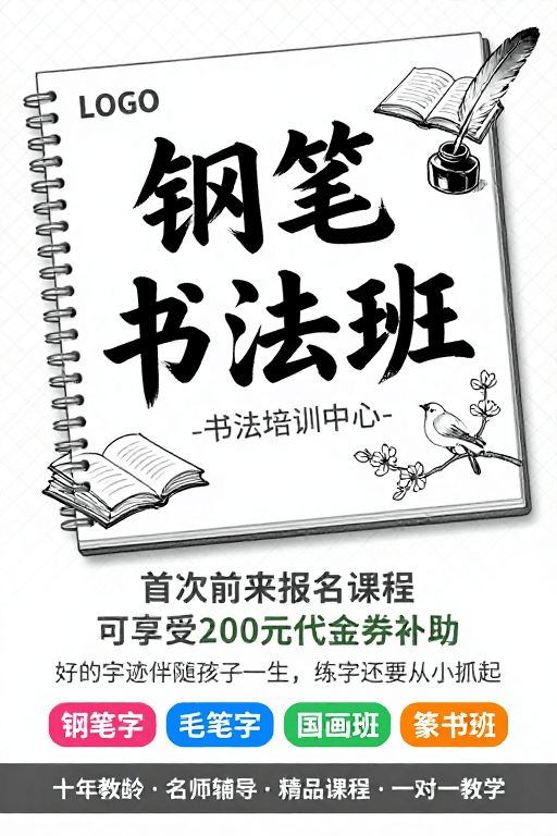 现代UI素材：钢笔书法班手绘风招生海报