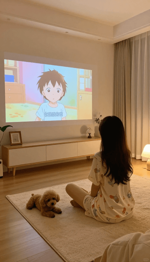 暖色调投影素材：温馨居家：长发少女与泰迪看投影的动漫夜景