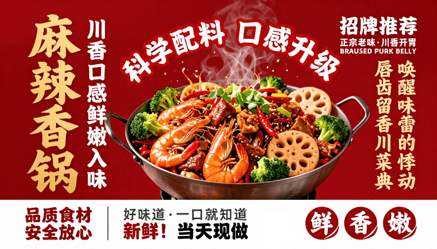 高饱和色调素材：热烈川菜盛宴：麻辣香锅视觉冲击美食海报