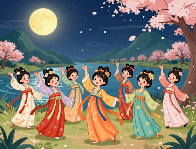 月夜风景素材：月夜汉服舞：卡通浪漫樱花河畔欢舞