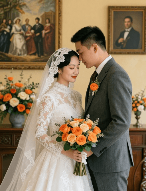 情感互动素材：亚洲婚礼亲密瞬间：柔光婚纱与古典背景