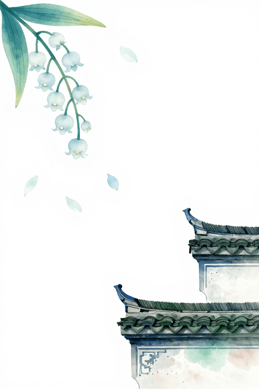 铃兰素材：清雅水墨铃兰与徽派屋檐，东方留白意境背景