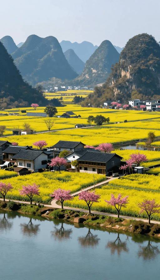 生态景观素材：金黄油菜花海映衬古宅与喀斯特峰林