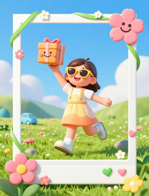 少女形象素材：夏日欢乐之旅：3D少女礼盒惊喜海报