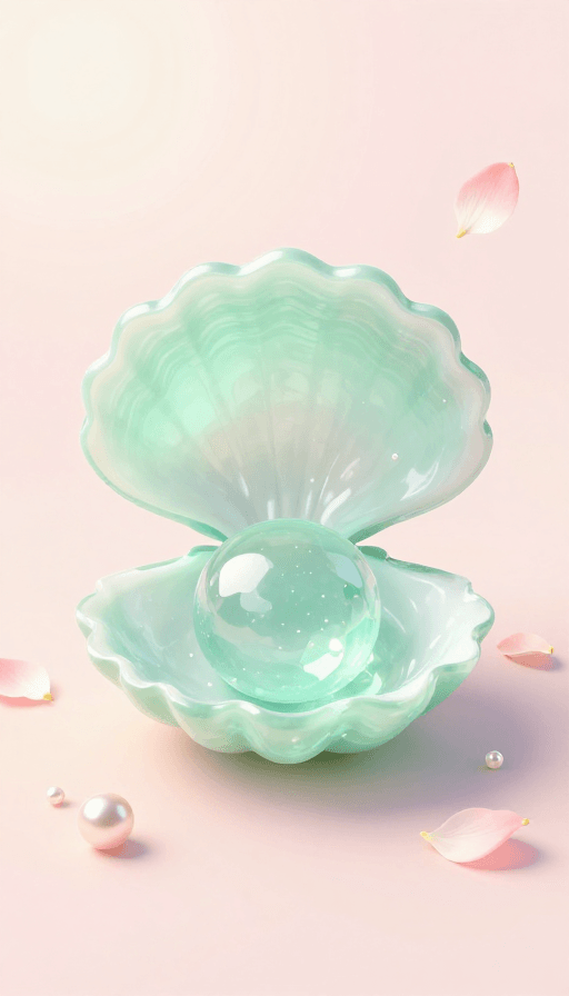 柔和色调素材：薄荷绿贝壳与蜜桃粉花瓣的梦幻浪漫插画
