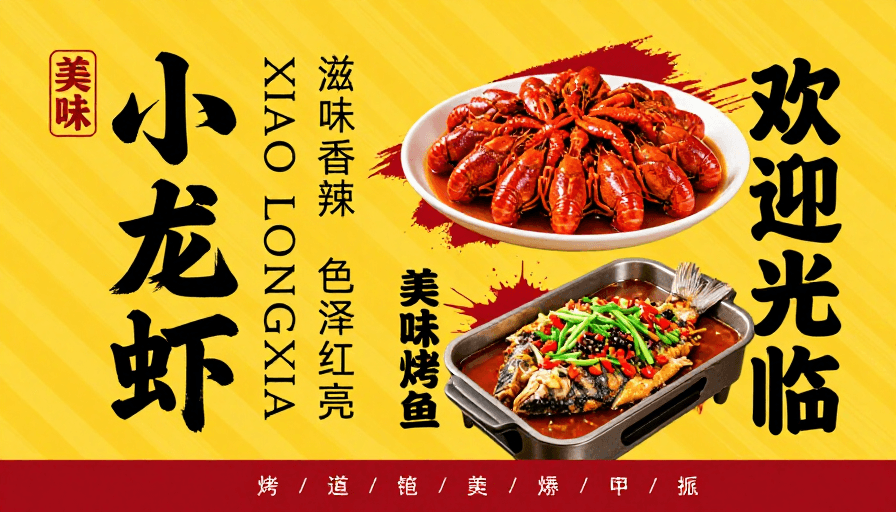 红色主题素材：热烈麻辣小龙虾：中式餐饮海报盛宴