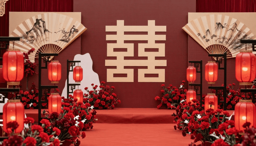 对称构图素材：中式红装婚礼盛宴：囍字映辉，浪漫喜庆