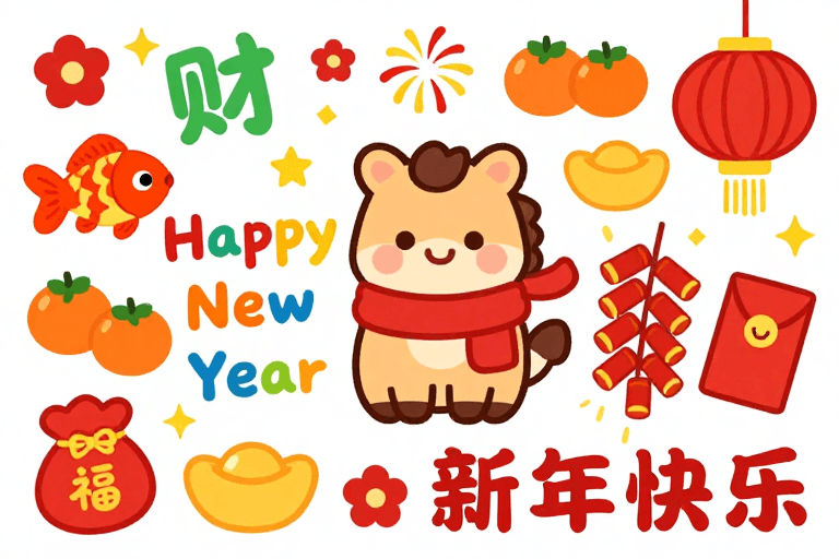 新年祝福素材：喜庆春节插画：小马与新年元素