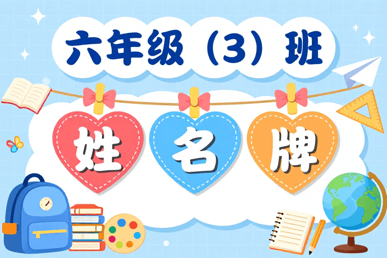 视觉艺术素材：清新校园插画：六年级（3）班活力姓名牌设计