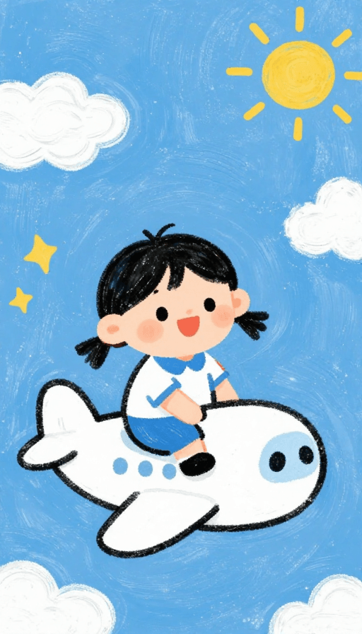 无文字设计素材：童趣蓝天：手绘蓝调儿童乘飞机插画