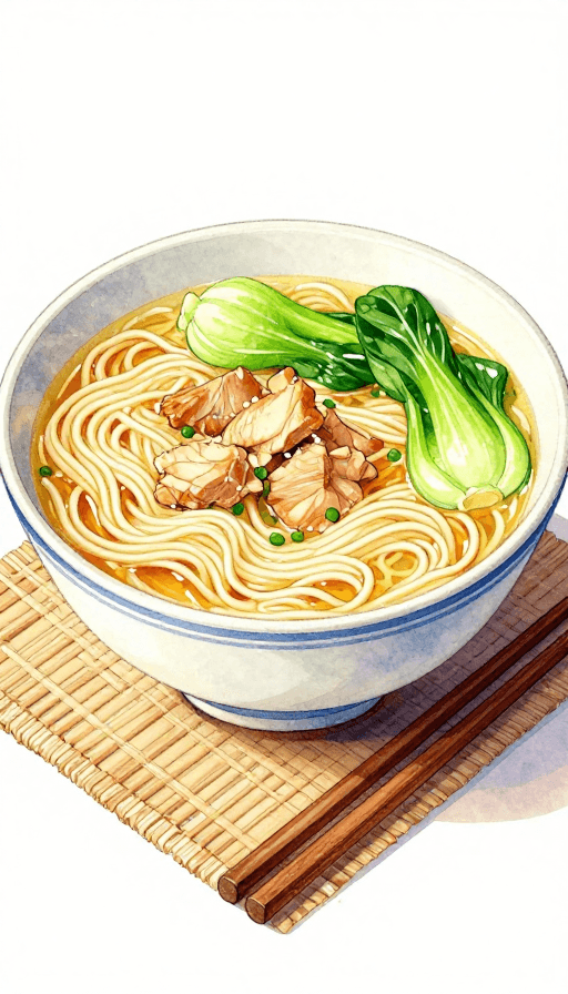 美食展示素材：森系水彩鸡汤面：高饱和美食插画