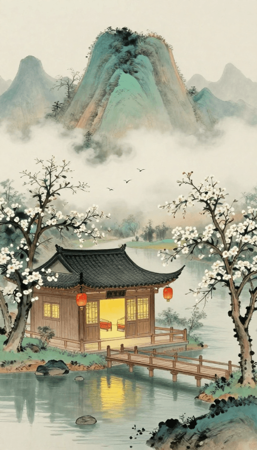 传统绘画素材：静谧中式山水：木屋灯火映湖山